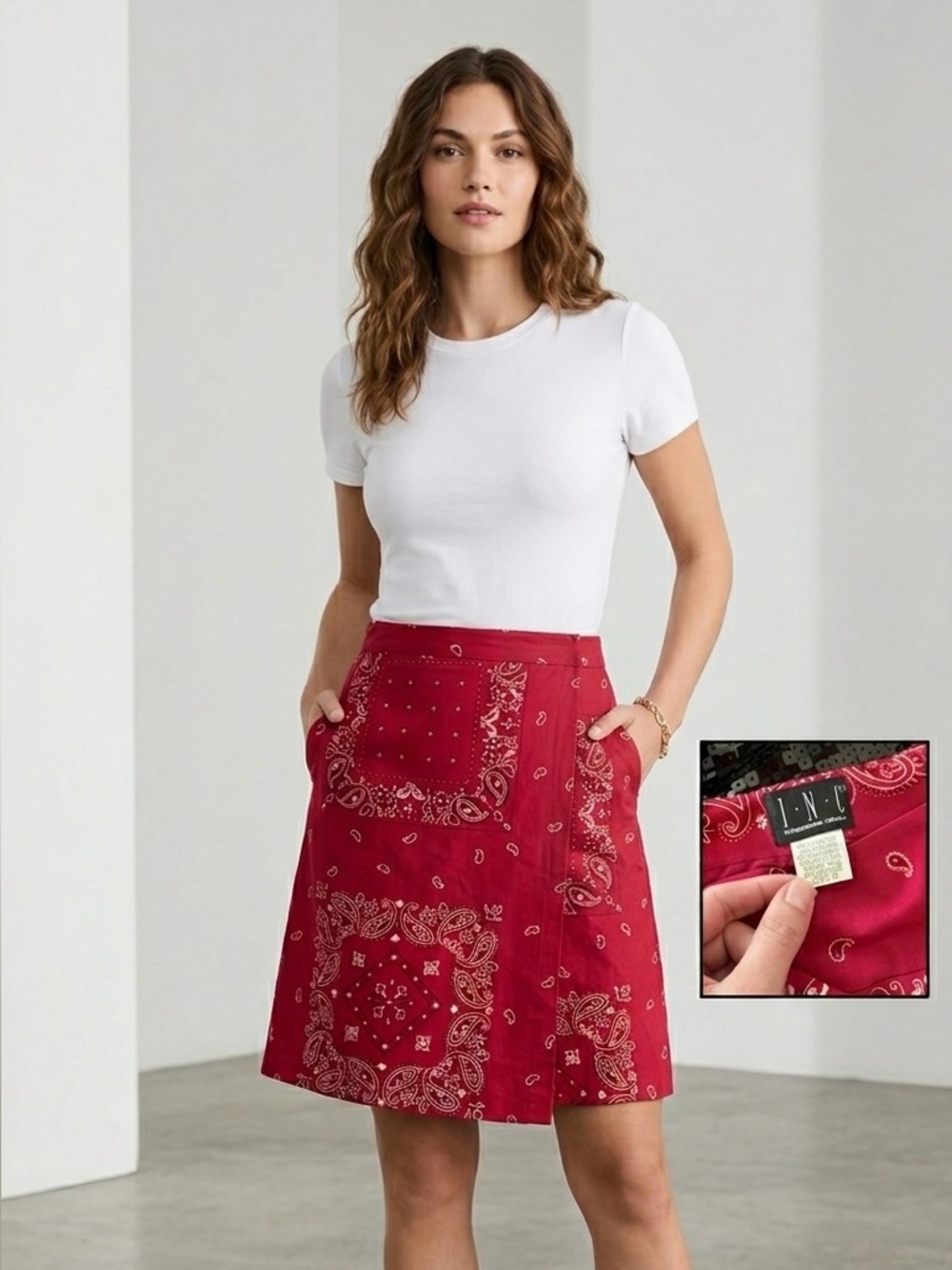 INC International Concepts Red Bandana-Print A-Line Skirt with Pockets